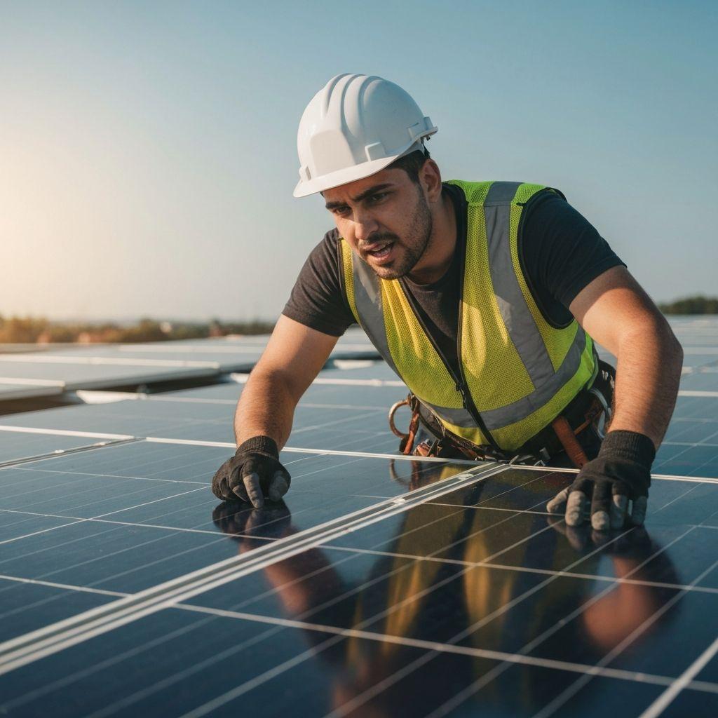 Solar panel installation technician at work